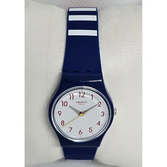Women's Swatch Swiss Round White Dial Blue White Blue Red Rubber Strap Watch 04 - Picture 4 of 8
